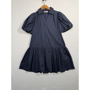 PINCH Women's M Navy Blue Puff Sleeve Collared V Neck Mini Dress Girlhoodcore